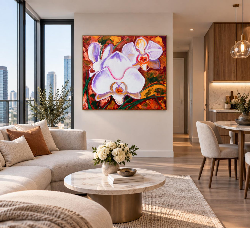 White Orchids shown in a styled dining room mockup