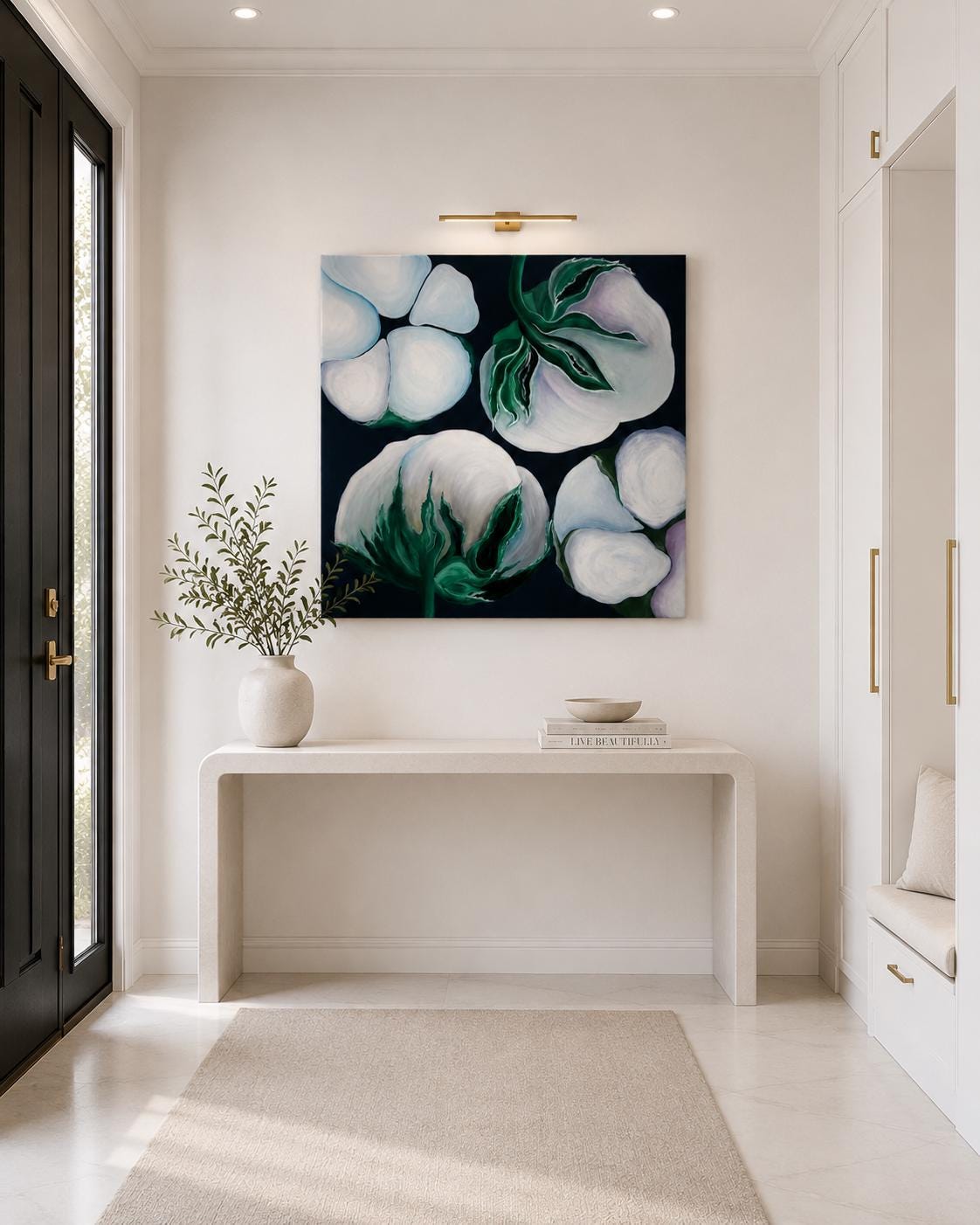Cotton Flowers shown in a styled hallway mockup