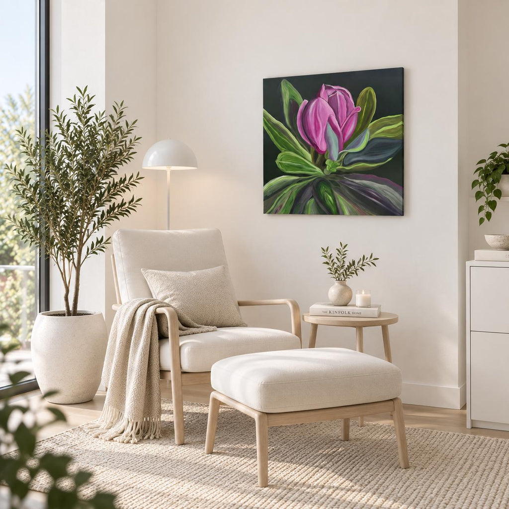 Raspberry Magnolia shown in a styled light living room mockup