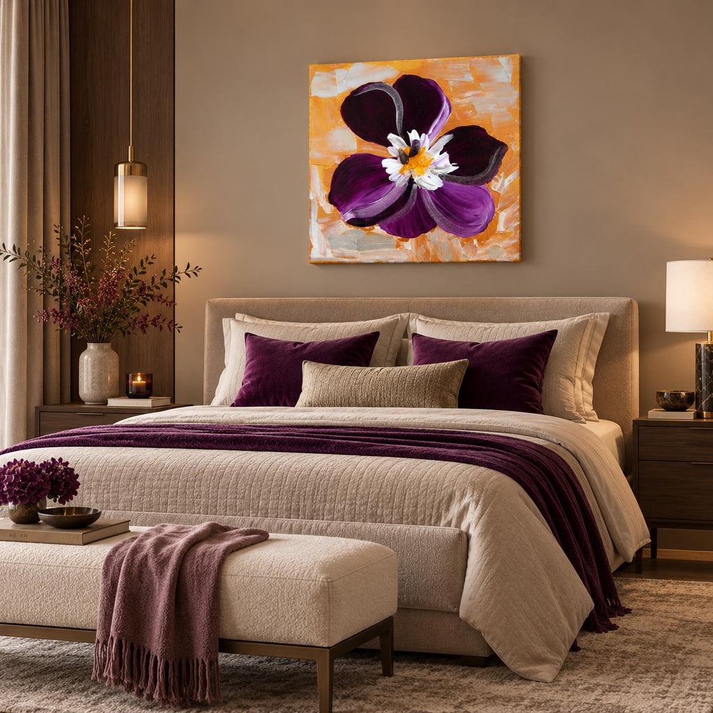 Violet shown in a styled bedroom mockup