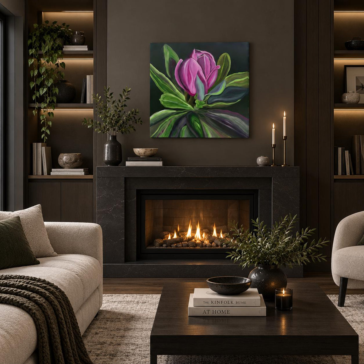Raspberry Magnolia shown in a styled dark living room mockup