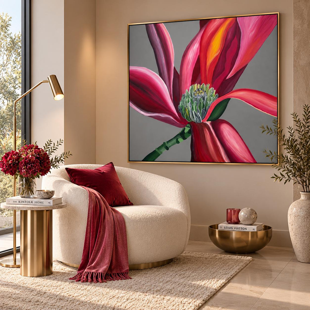 Grey Magnolia shown in a styled sofa mockup