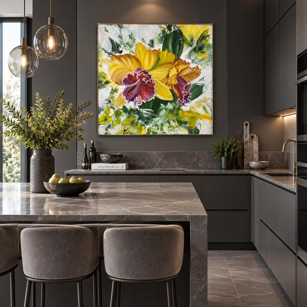 Yellow Orchid shown in a styled dark dining room mockup