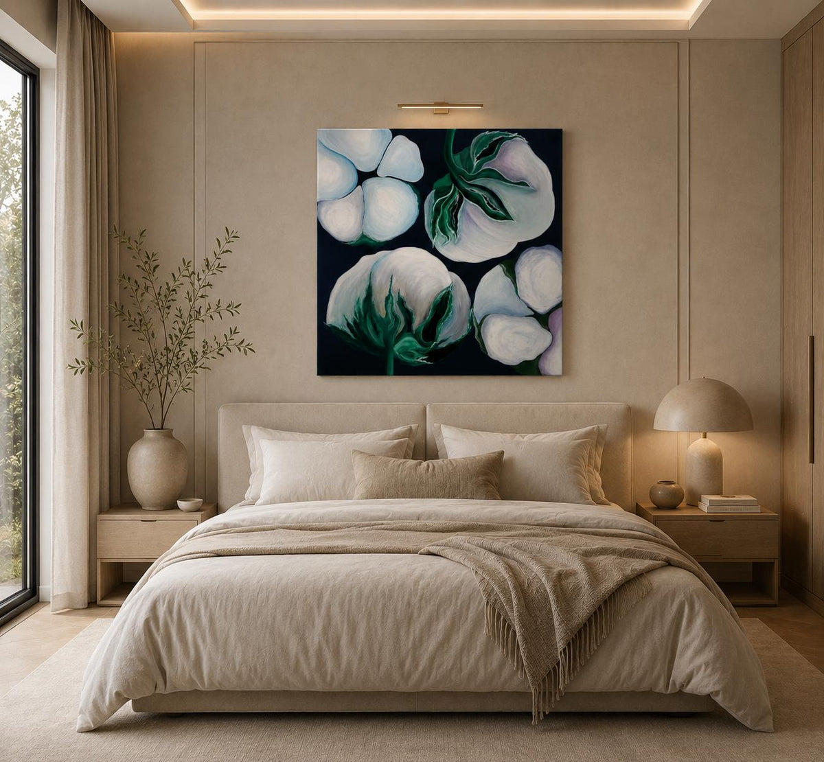 Cotton Flowers shown in a styled bedroom mockup