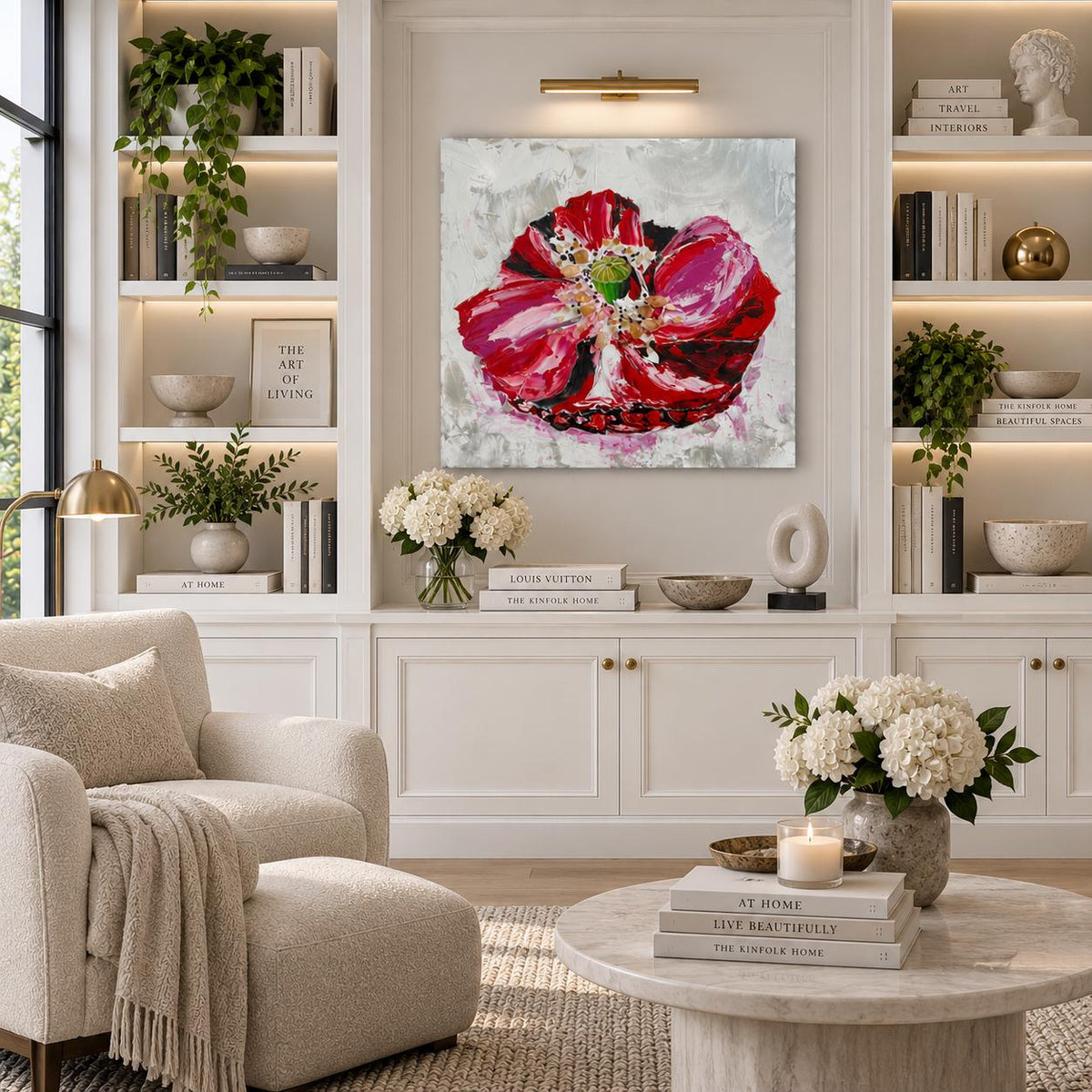 Red Poppy shown in a styled light living room mockup