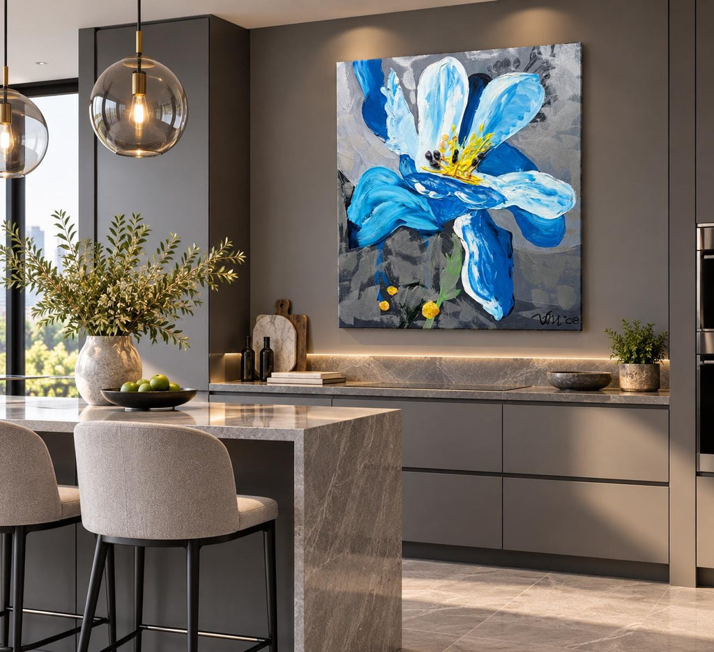 Additional photograph of Blue Iris, original acrylic painting by Veronika Melnyk