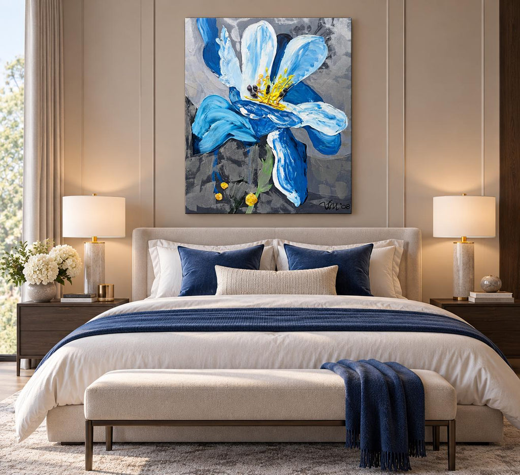 Blue Iris shown in a styled bedroom mockup