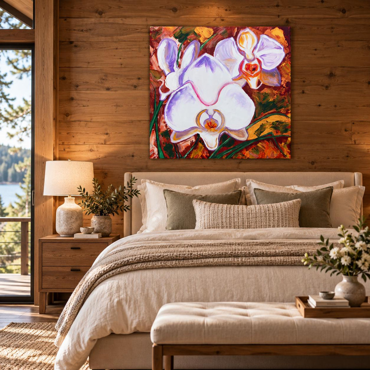 White Orchids shown in a styled bedroom mockup