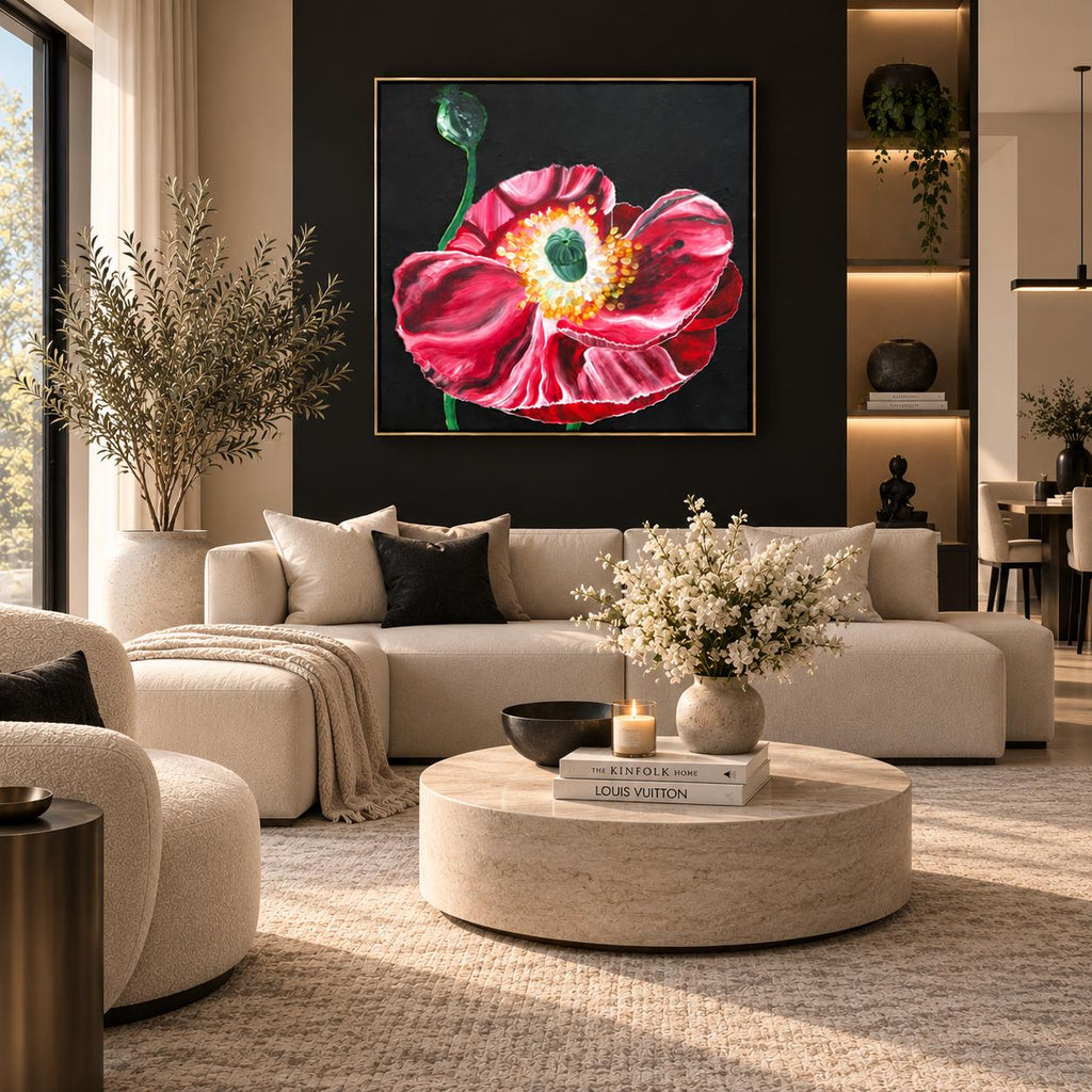 Black Poppy shown in a styled shelved living room mockup