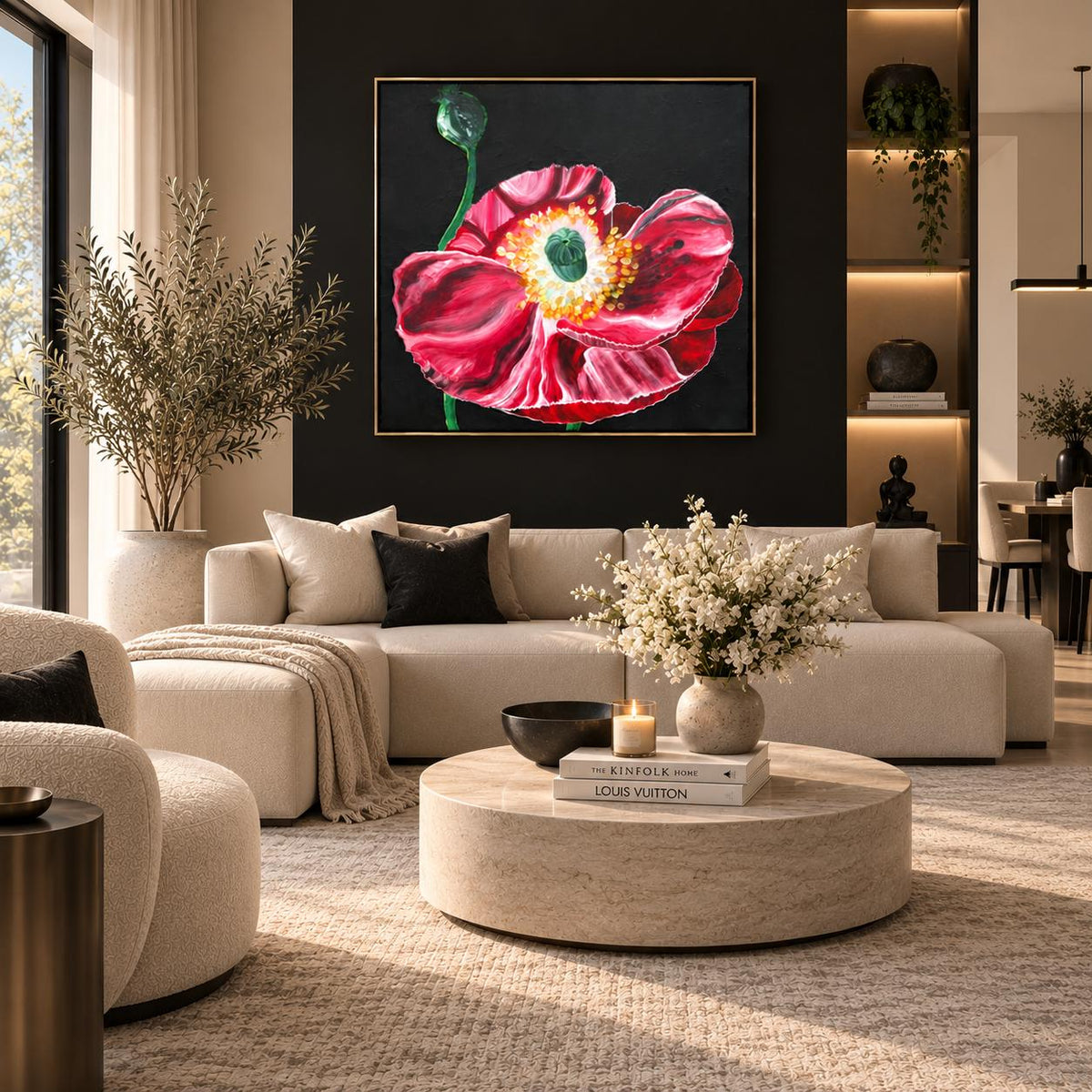 Black Poppy shown in a styled shelved living room mockup