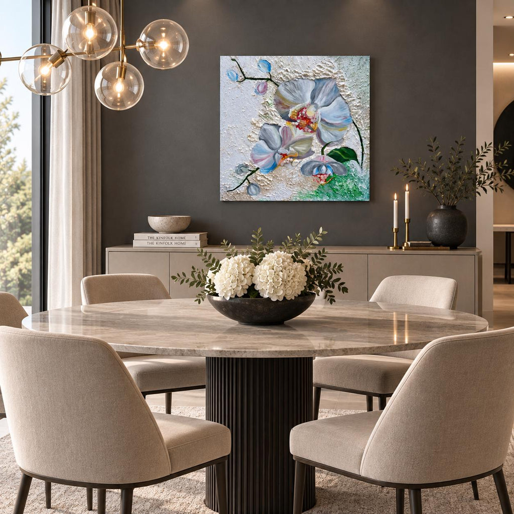 White Orchid with Citrine shown in a styled dining room mockup