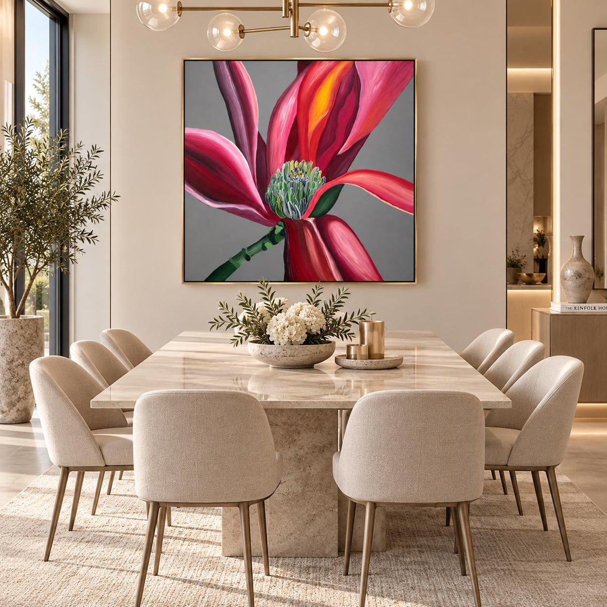 Grey Magnolia shown in a styled dining room mockup