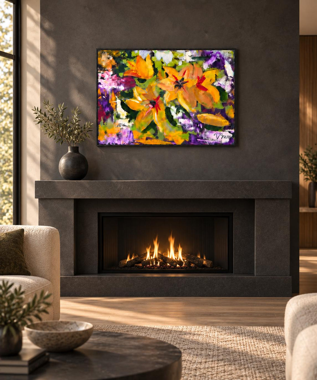 Additional photograph of Yellow Lilies, original acrylic painting by Veronika Melnyk