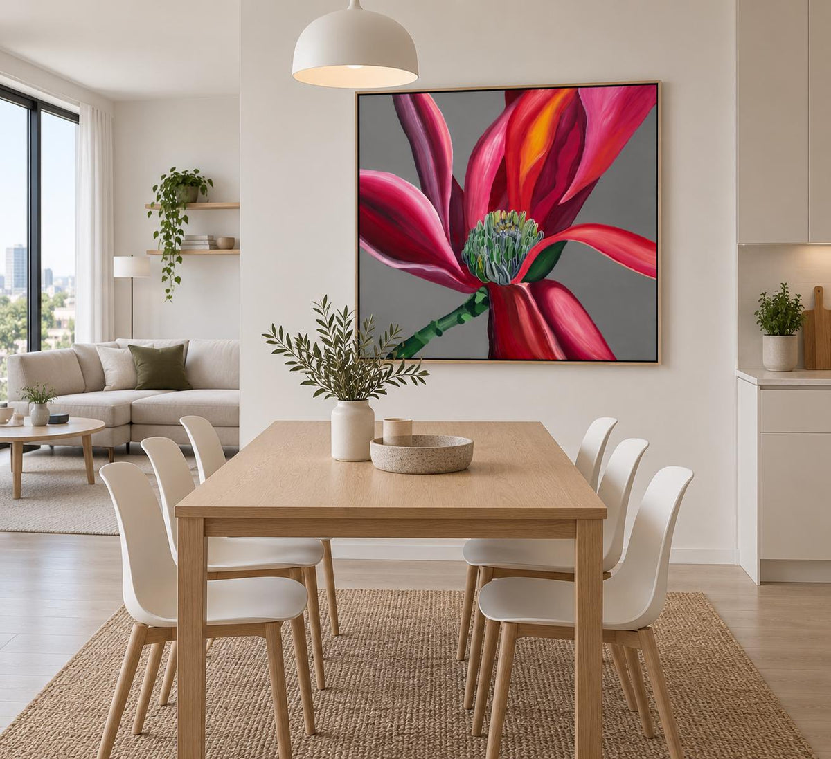 Grey Magnolia shown in a styled dining room mockup