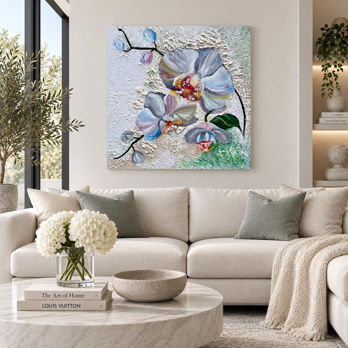 White Orchid with Citrine shown in a styled sofa mockup