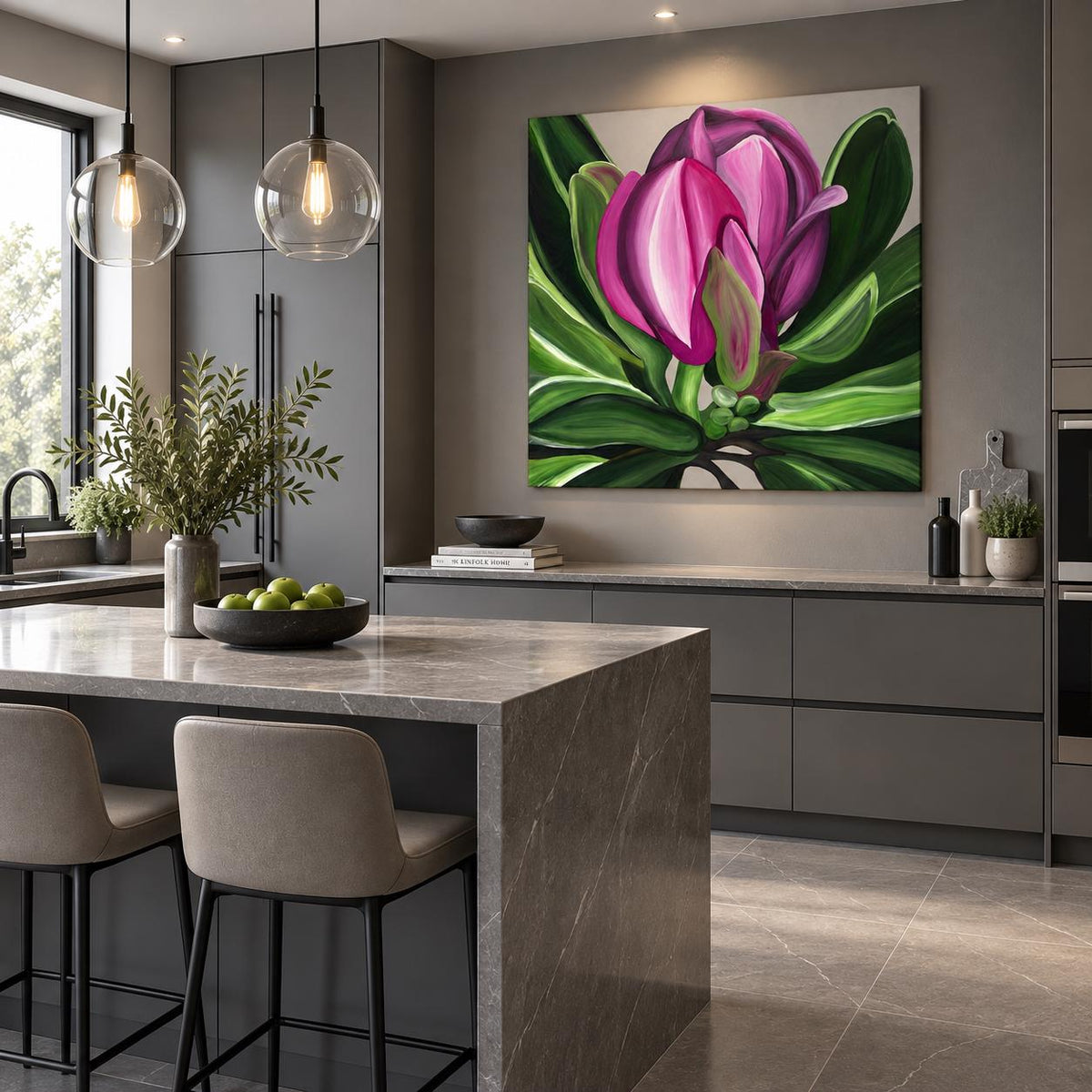 Additional photograph of Magenta Magnolia, original acrylic painting by Veronika Melnyk