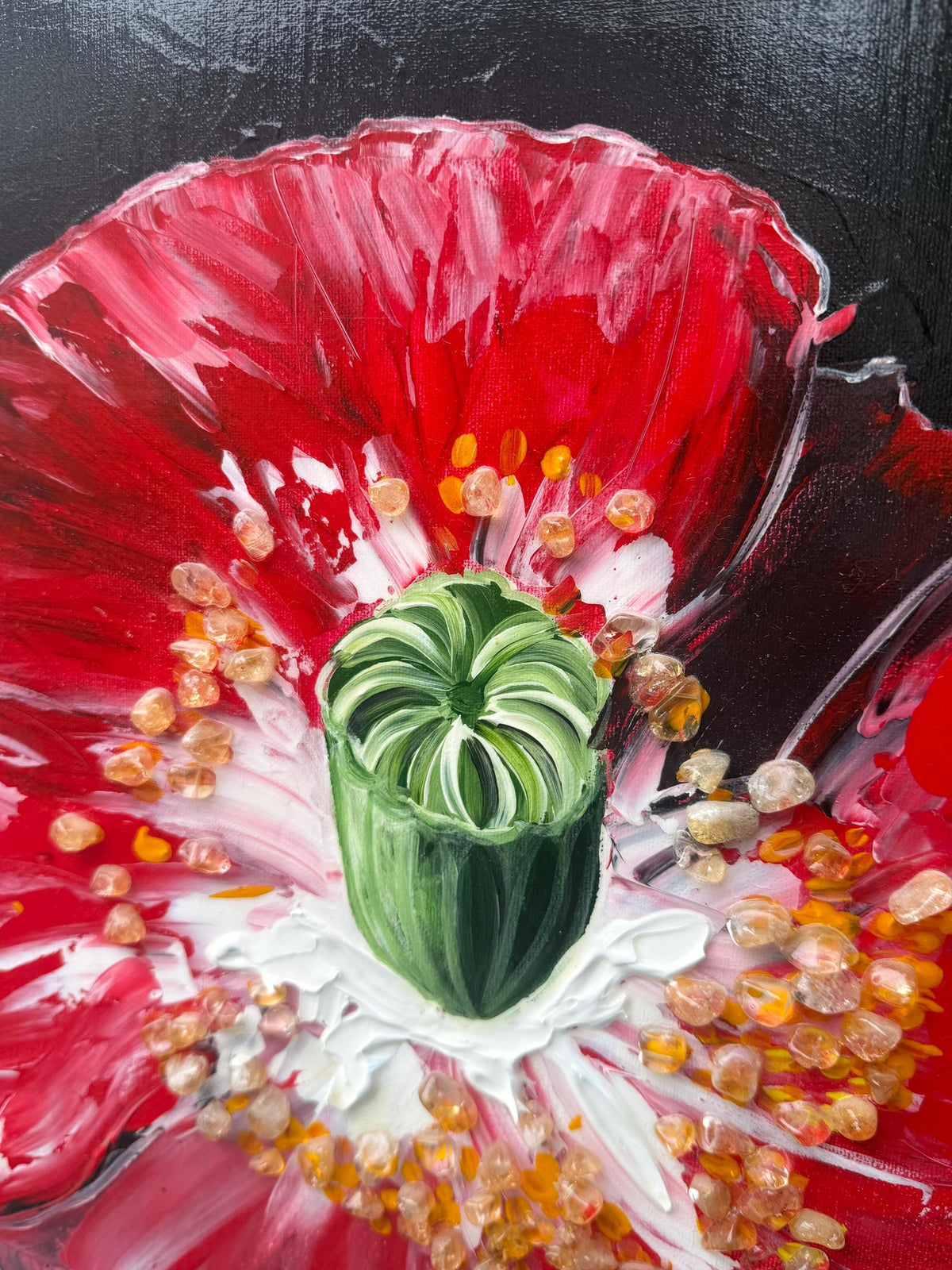 Additional photograph of Ruby Poppy, original acrylic painting by Veronika Melnyk