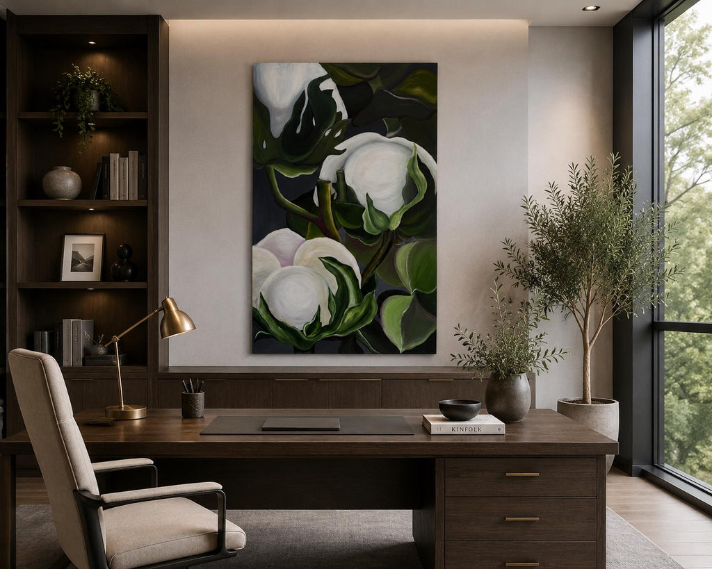 Cotton Flower II shown in a styled sofa mockup