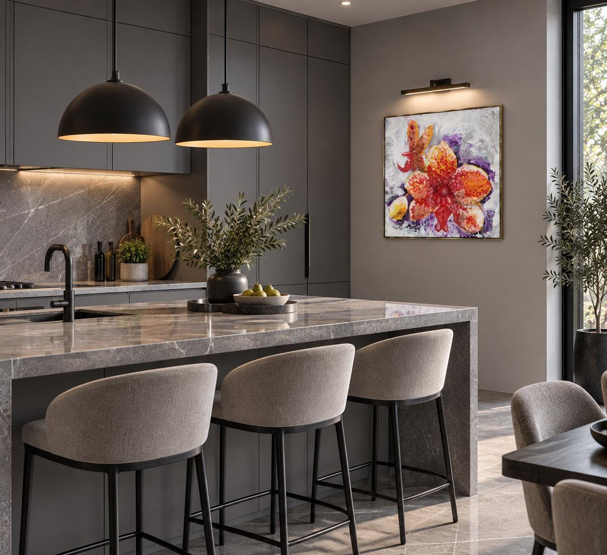 Yellow Orchid shown in a styled dark dining room mockup