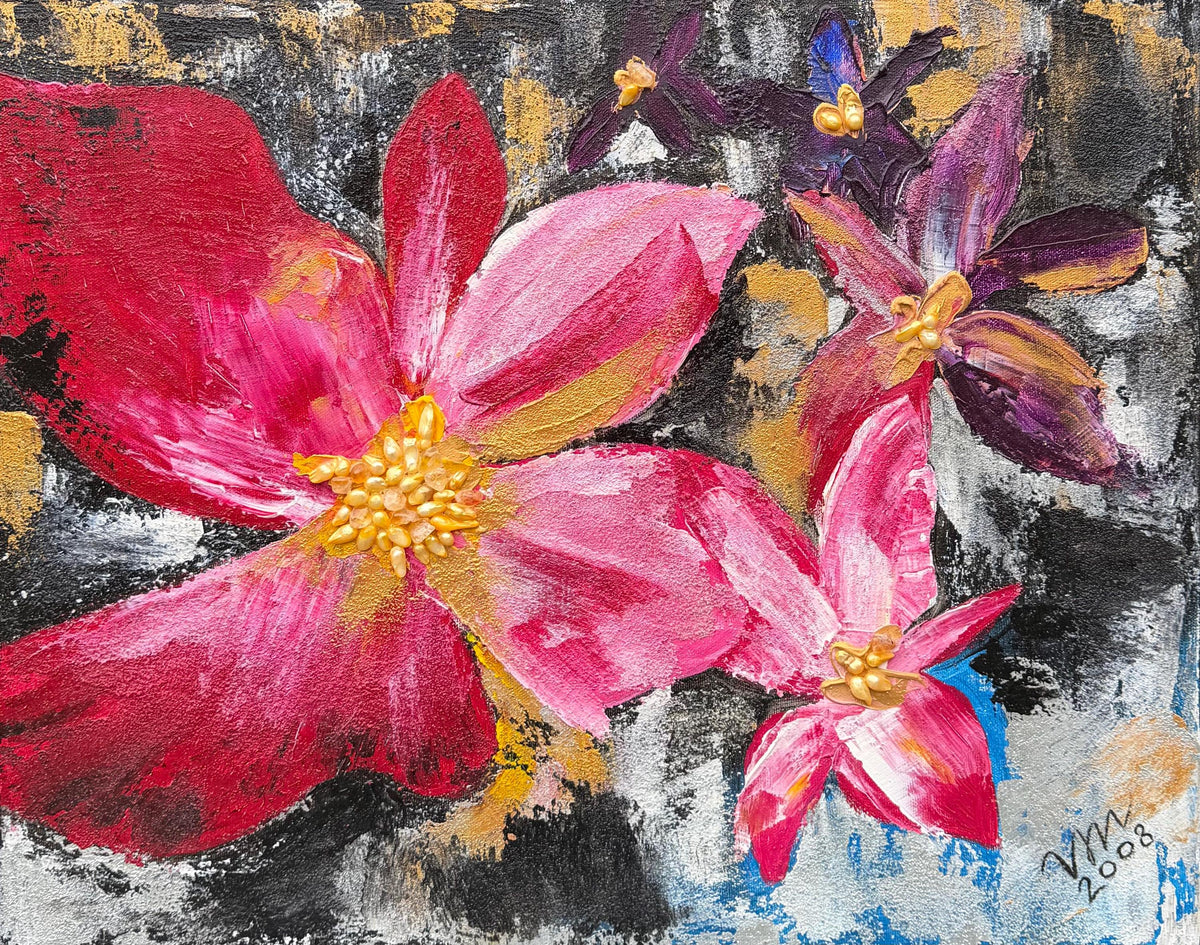 Pink Abstract Orchids, original acrylic painting by Veronika Melnyk, front view