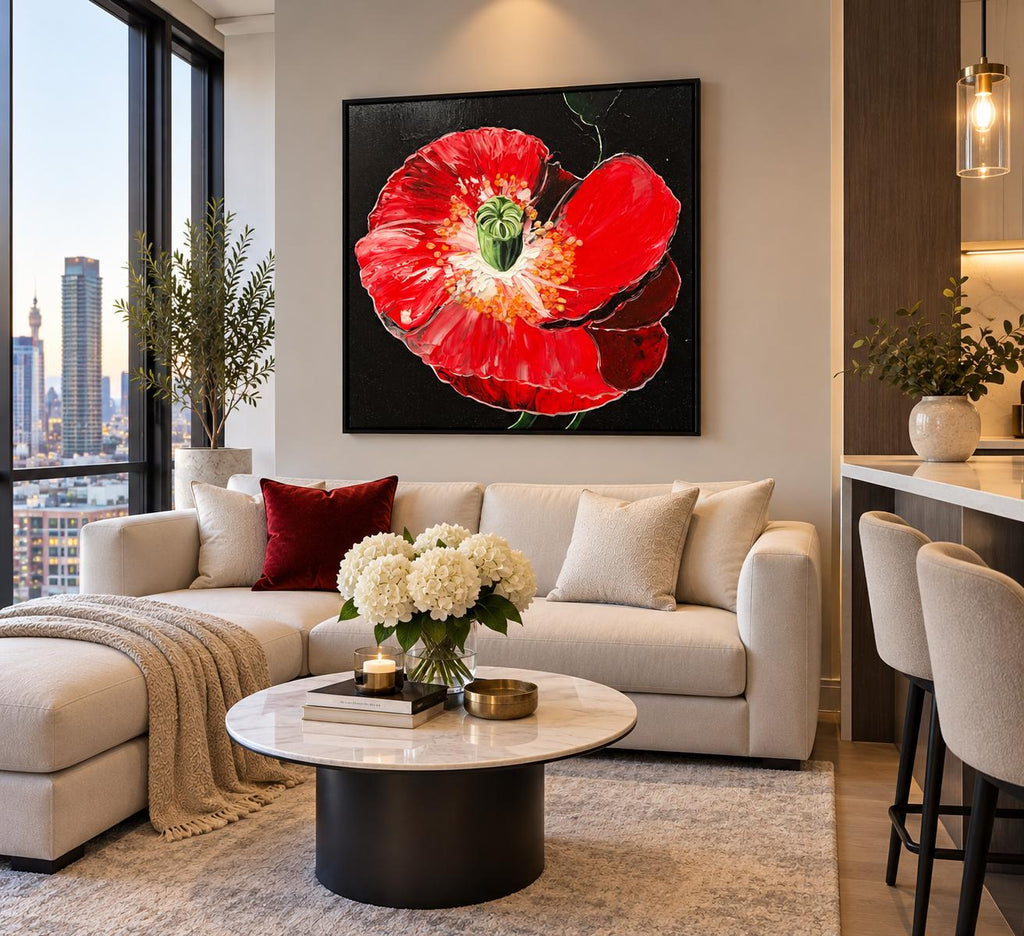 Additional photograph of Ruby Poppy, original acrylic painting by Veronika Melnyk