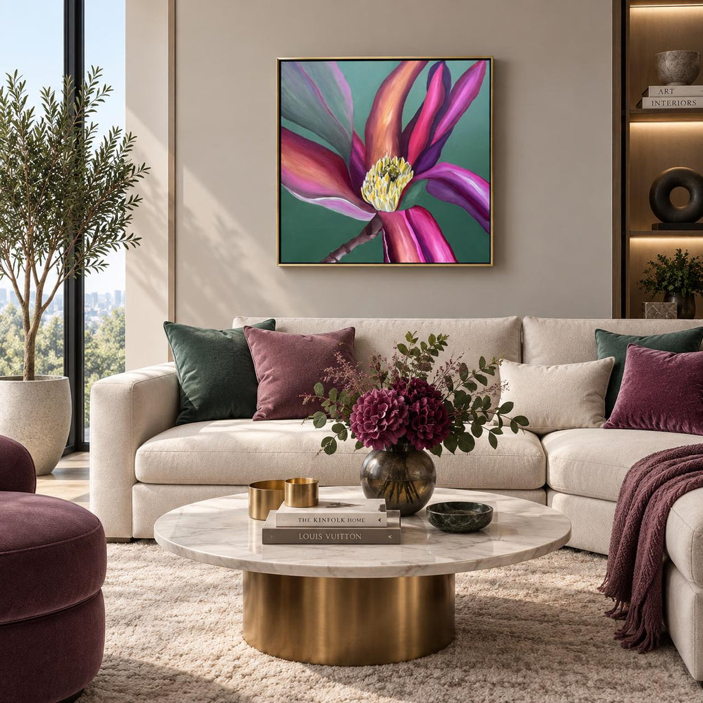 Magnolia Green shown in a styled sofa mockup