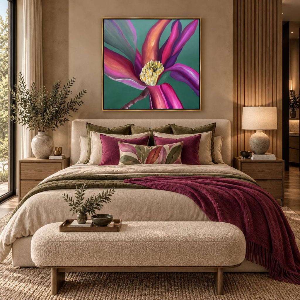 Magnolia Green shown in a styled bedroom mockup