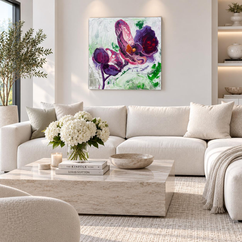 Purple Orchid shown in a styled light sofa mockup