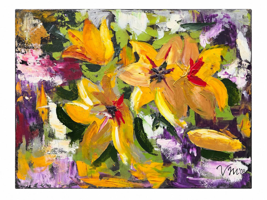 Yellow Lilies, original acrylic painting by Veronika Melnyk, front view