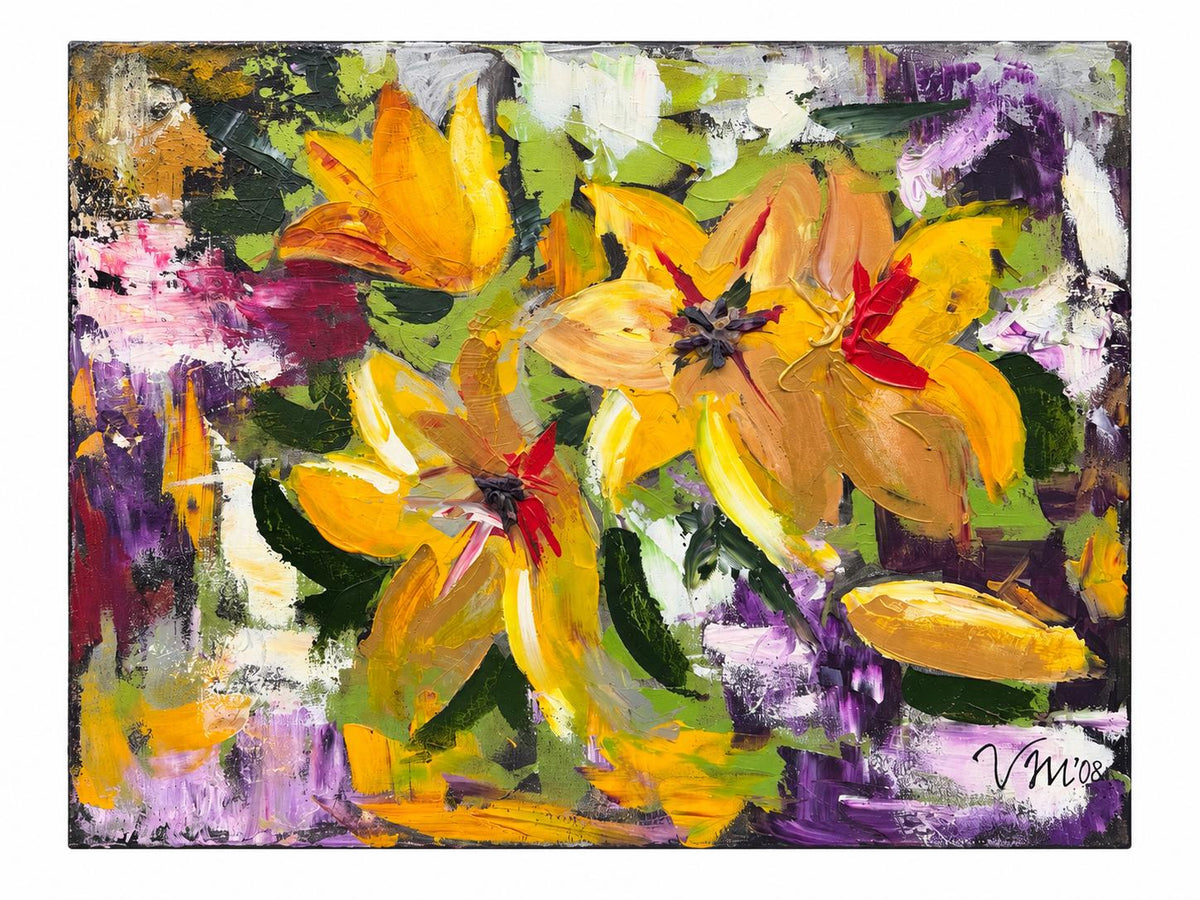 Yellow Lilies, original acrylic painting by Veronika Melnyk, front view
