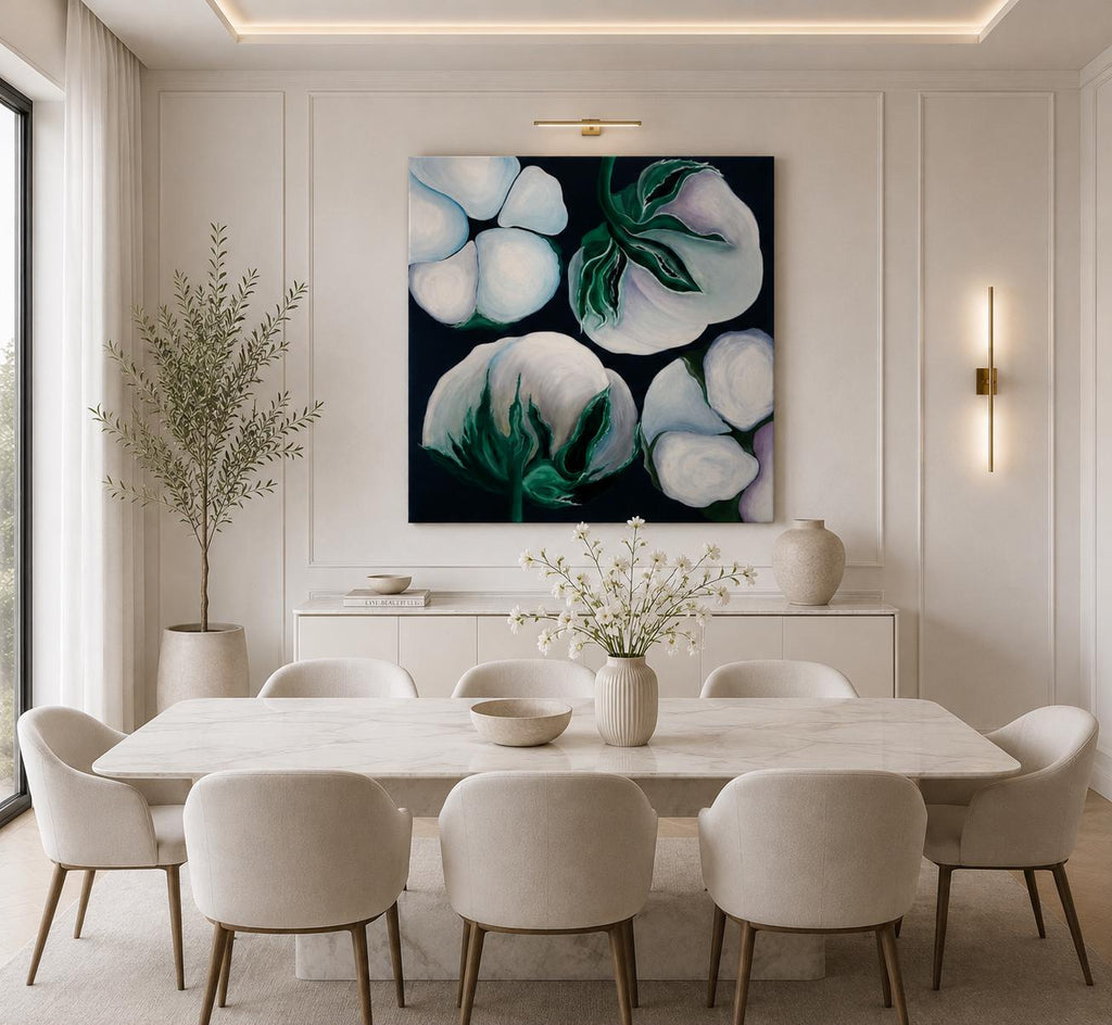 Additional photograph of Cotton Flowers, original acrylic painting by Veronika Melnyk