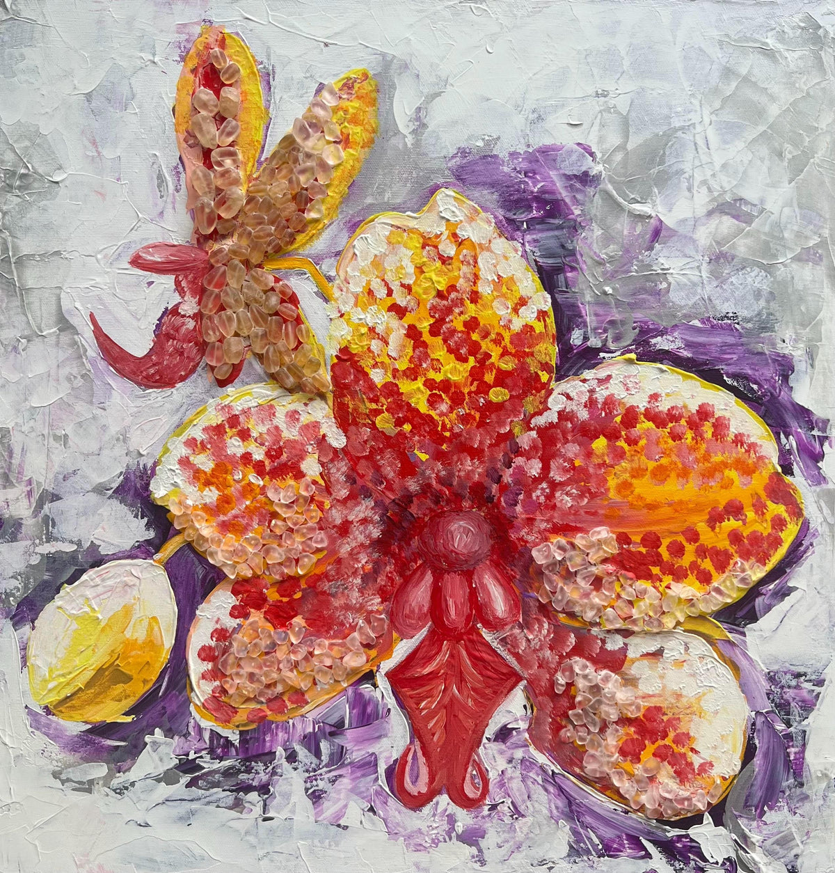 Yellow Orchid, original acrylic painting by Veronika Melnyk, front view