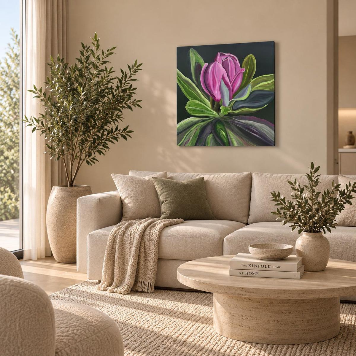Raspberry Magnolia shown in a styled bedroom mockup