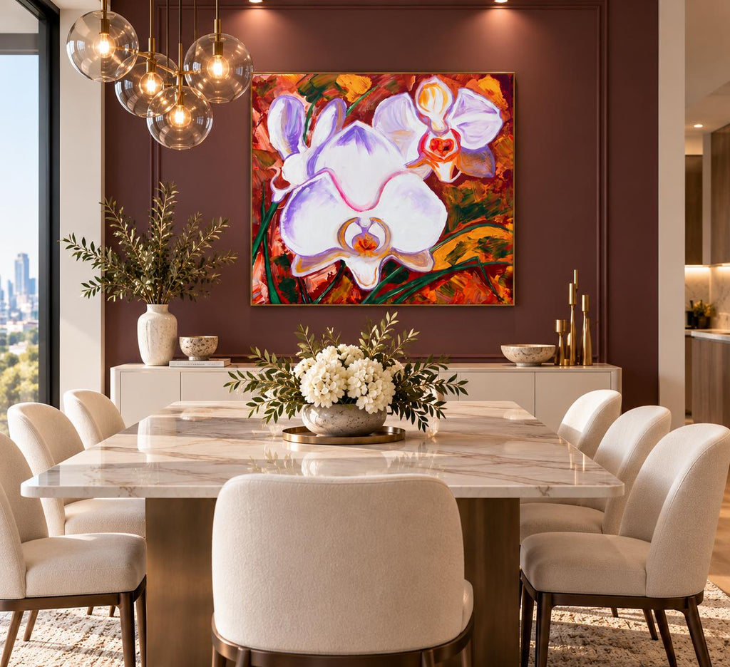 White Orchids shown in a styled dining room mockup