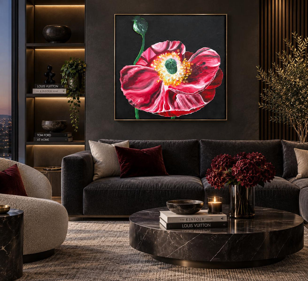 Black Poppy shown in a styled dark living room mockup