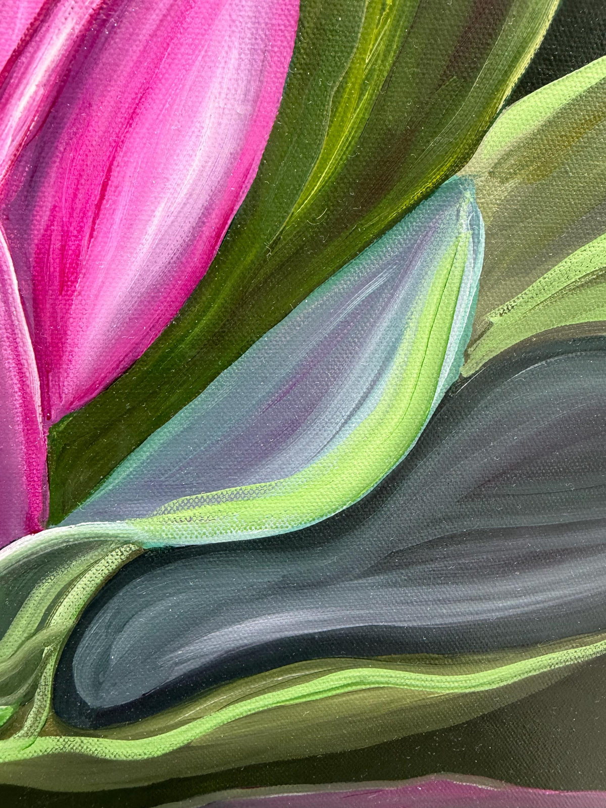 Raspberry Magnolia, painted leaf detail