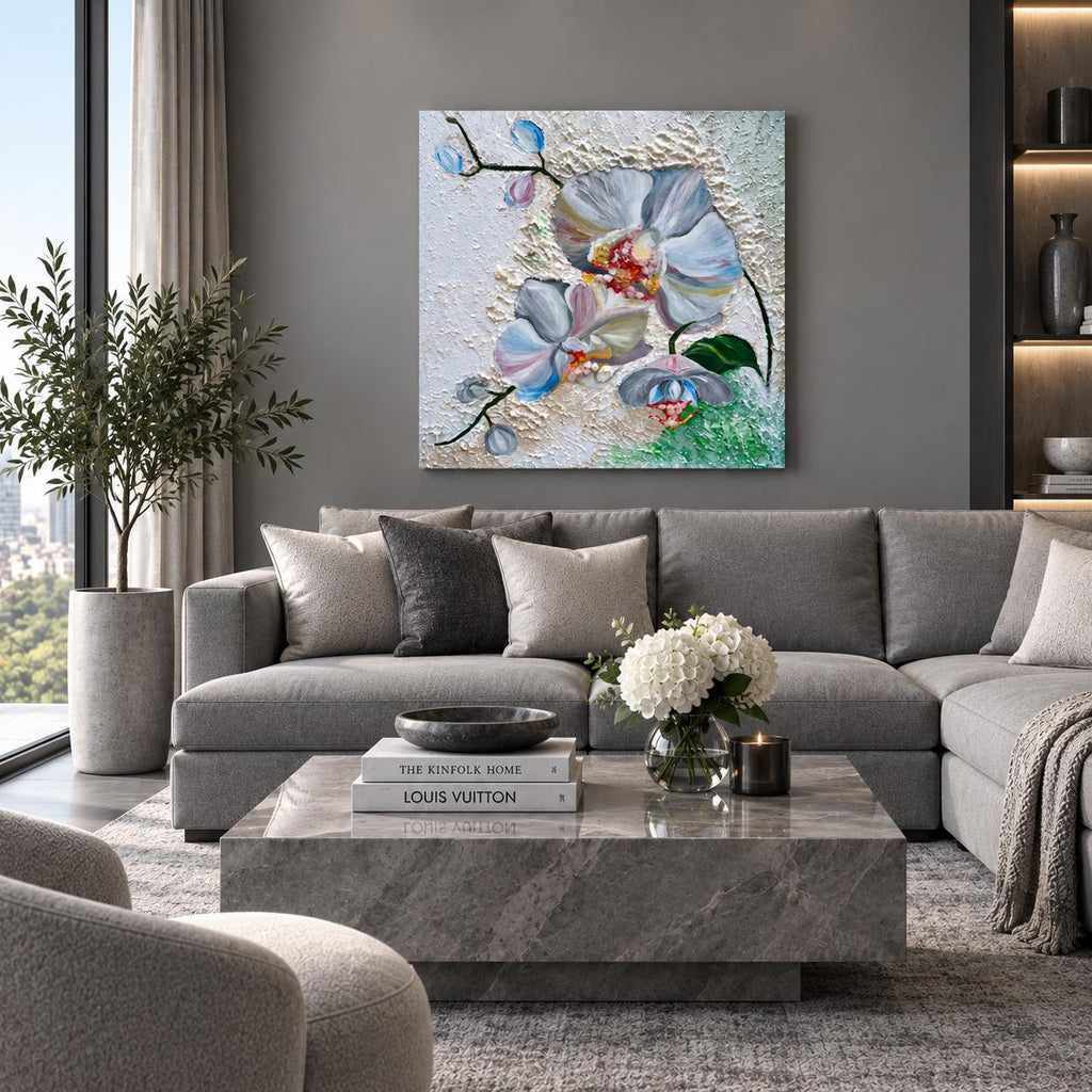 Additional photograph of White Orchid with Citrine, original acrylic painting by Veronika Melnyk