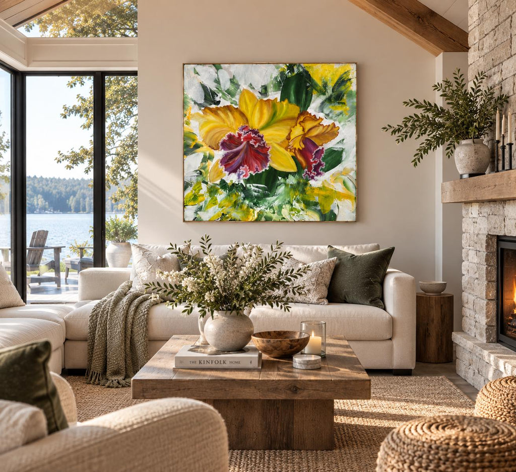 Yellow Orchid shown in a styled light living room mockup