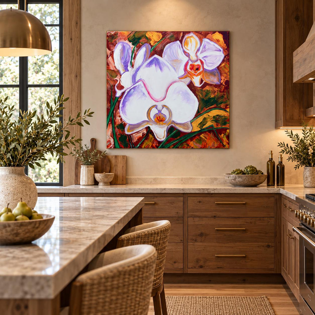 White Orchids shown in a styled living room mockup